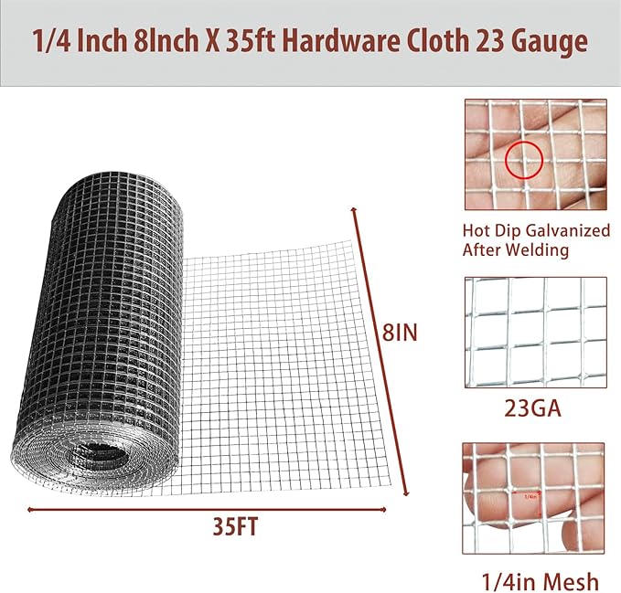 Galvanized Welded Wire Mesh Roll, 8in x 35ft, 1/4 Inch 23 Gauge Hardware Cloth - Garden Fencing for Rabbits, Chickens, Snakes, Gophers, Raccoons & Small Critters - Cage, Enclosure, Pest Barrier