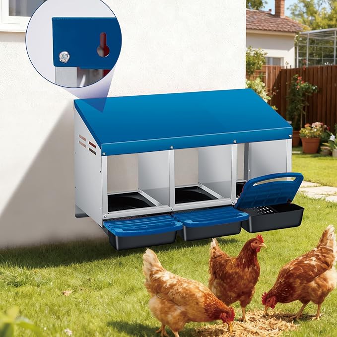 3 Compartment Metal Chicken Nesting Box, Automatic Roll-Out Egg Collection, Waterproof Galvanized Steel Laying Box with Perch & Wall Mount, for Hens Ducks Rabbits