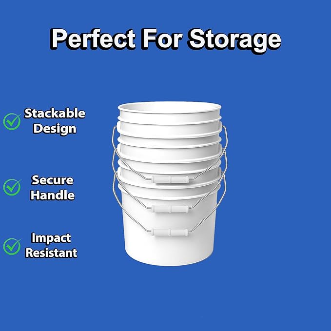 2-Gallon Bucket with Airtight Lid – Made in USA, Food Grade BPA Free Plastic, Heavy Duty Multi-Use, Metal Handle with Grip, Stackable Storage – White, 10 Pack