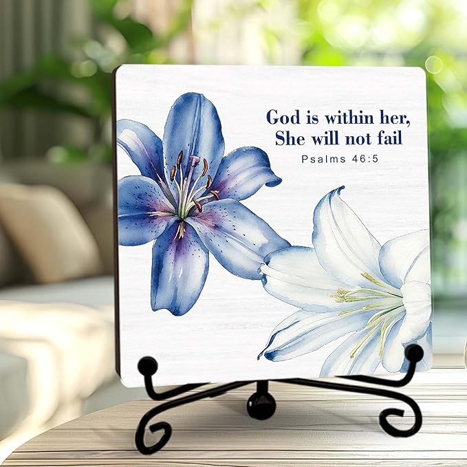 Religious Gifts for Women, 5 Inch Blue Floral Bible Verse Decor, Inspirational Wooden Plaques for Home Office, God Is Within Her She Will Not Fail Sign - A08