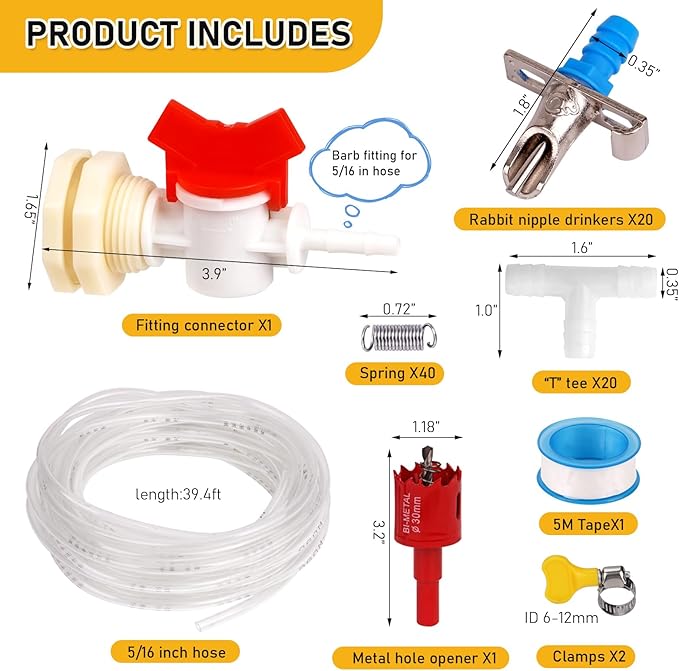 Automatic Rabbit Watering System Kit Include 20 Rabbit Nipple Drinker, 39ft Hose, Hole Opener, Barb Valve Fitting to G 1/2'' Connector, Bunny Small Animal Water Dispenser (Blue, 20Pcs)