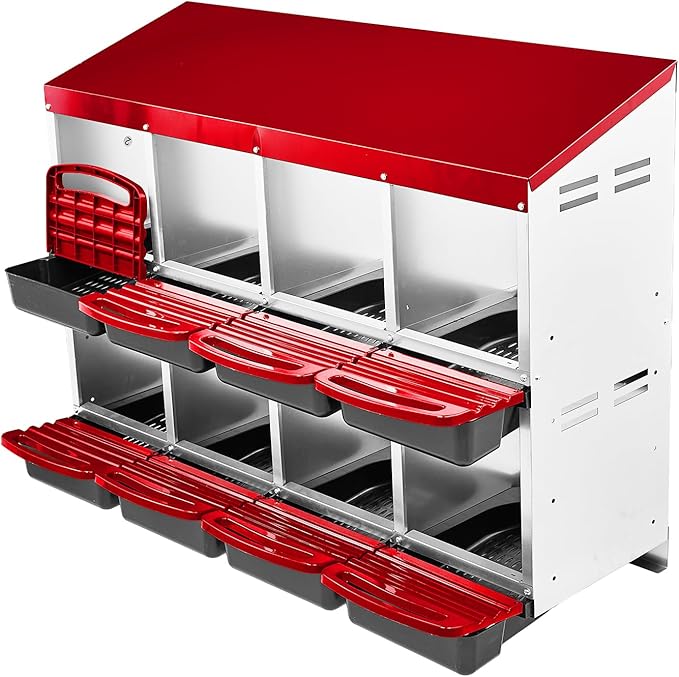 8 Compartment Large Metal Hen Laying Box,Chicken Nesting Box, Roll Away Nesting Box for Laying Eggs,Wall Mount Chicken Nesting Boxes, Easy Egg Collection, Cleanable Pull Out Hen Roosting Boxes, Red