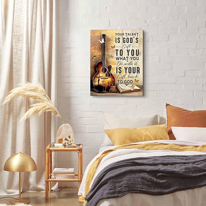 Christian Guitar Wall Art Inspirational Quotes Guitar Pictures Wall Decor Your Talent Is God'S Gift To You Framed Artwork Canvas Prints Music Room Decorations For Music Studio Bedroom 16"X20"