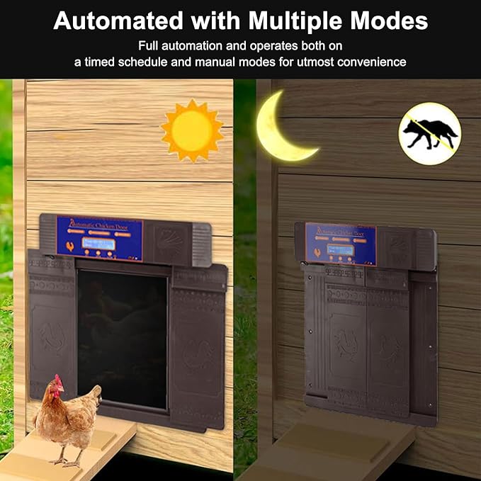 Automatic Chicken Coop Door, Lightweight Durable Solar Powered with Timer and Infrared Anti Pinch Sensor, for Poultry Coop Chicken Duck Goose (Dark Brown)