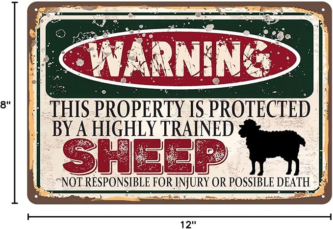 Vintage Sheep Metal Sign， Warning this property is protected bY a highly trained Sheep Sign Funny Tin Signs 12x8 Inch