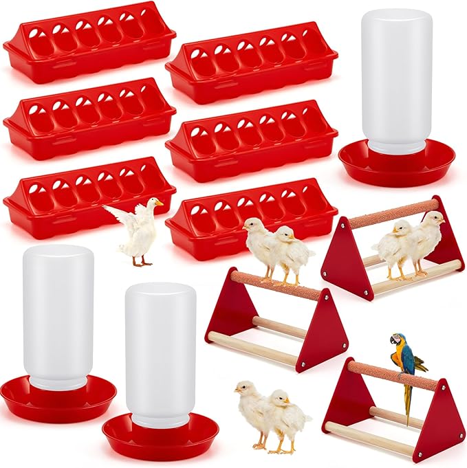 Patelai 4 Pcs Chick Feeder and Waterer Kit Feeding Supplies with Mini Perch Chicken Starter Kit for Coop and Brooder for Small Poultry Ducks Quail
