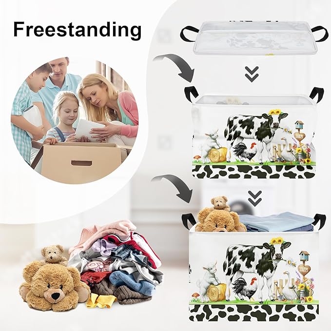Farm Animals Storage Basket Collapsible Clothes Baby Nursery Hamper Large Book Shelf Basket Boy Girl Toy Box Bin for Kid Room, Cow, 36L