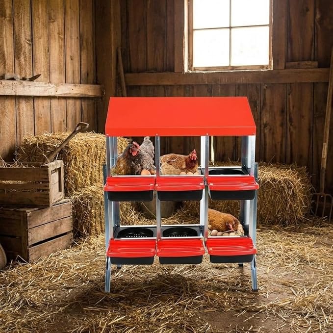 GarveeLife 6 Holes Nesting Boxes for Chickens, Chicken Nesting Boxes with Legs, Chicken Laying Box with Lid Cover, for Outdoor Chicken Coop Farm Yard, Red