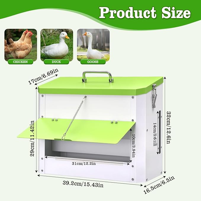 25lb Automatic Chicken Feeders Metal Poultry Feeders Wall Mount No Waste, with Secure Locking Lid, No Assembly Required, Lid Hanging Chicken Feeder Trough for Quail Chickens Ducks Feeder