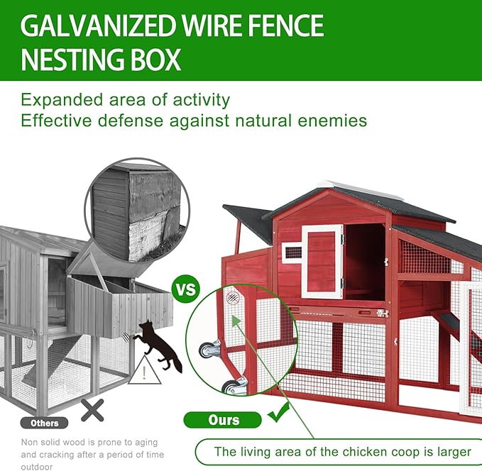 Chicken Coop with Run Mobile Large Nesting Box - Back Yard Wooden Chicken House Outdoor Poultry Cage, UV Proof Asphalt Roof