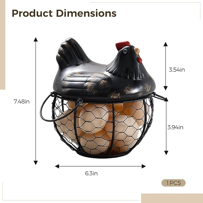 Small Black Iron Egg Basket, Farmhouse Style Countertop Holder with Ceramic Lid, Chicken Egg Storage for Kitchen, Rustic Home Decor, Keeps Up To 15 Eggs Fresh