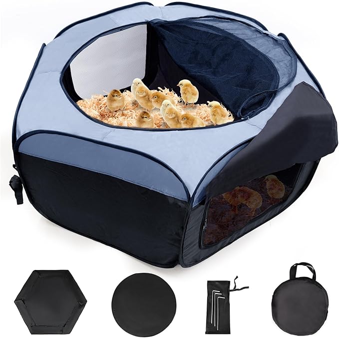 Chick Brooder Box-Chicken Brooder Playpen/Tent with Dual Door, Pop-Up Brooder Box Perch Up to 17 Baby Chick, Kit with Storage Bag, Top Cover, Fixed Pegs, Waterproof Mat(Blue)