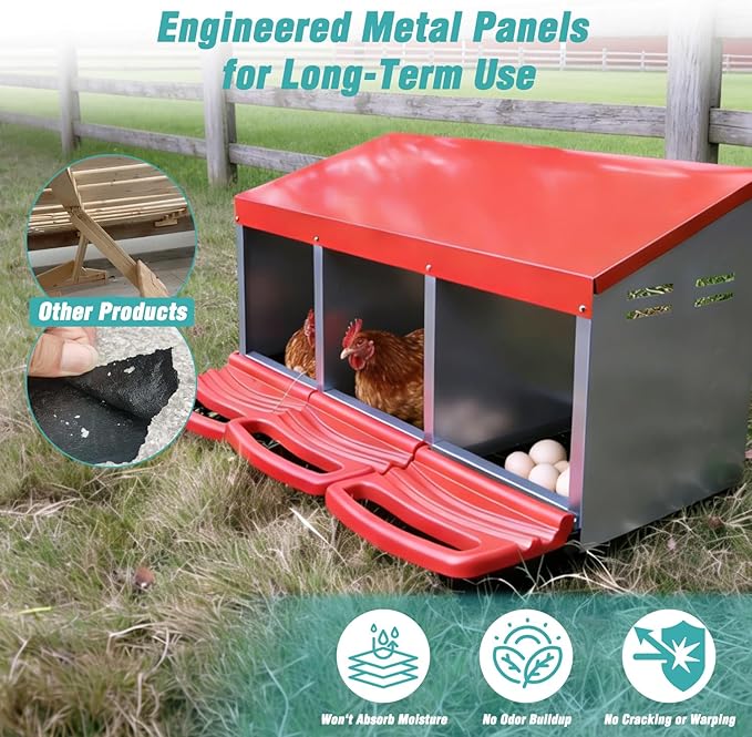 3-in-1 Roll Out Chicken Nesting Box with Removable Drawer – Green Metal Laying Nest for Hens, Easy Assemble, for Chicken Coop (Red)