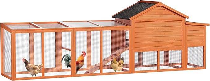113.5" Large Wooden Chicken Coop Outdoor Hen House with Run, Waterproof Roof & Nesting Box, Secure Lock, Removable Tray, Ramp & Perch for 2–4 Chickens or Small Pets