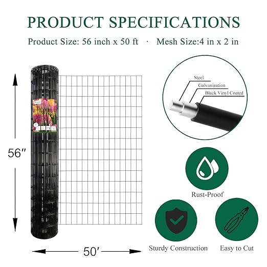 Black PVC Coated Welded Wire Fence 56 Inch x 50 Foot, 2 Inch x 4 Inch 14GA, Garden Border Fencing Roll Vinyl Coating Metal Wire Mesh Hardware Cloth for Yard Vegetable Plant Protection