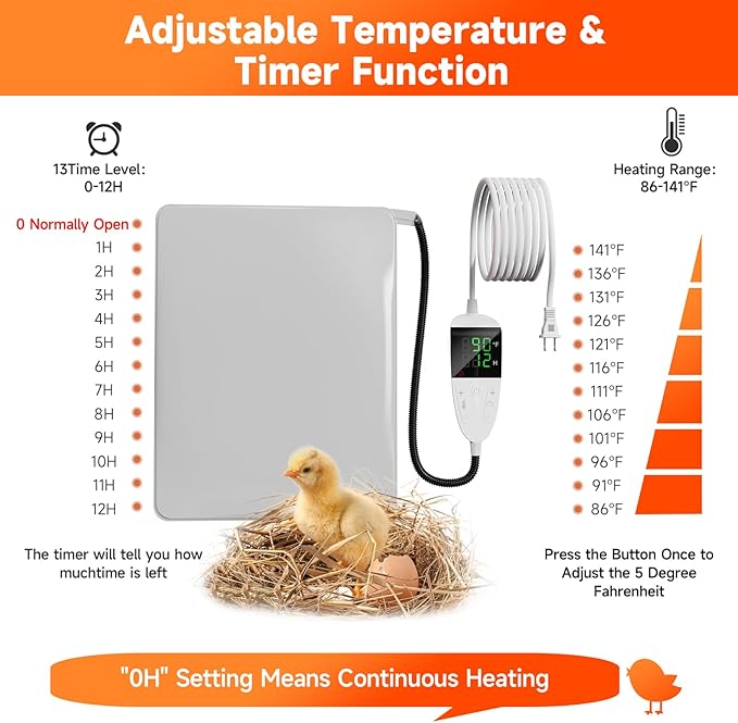 Chicken Heating Pad with Adjustable Digital Thermostat, Electric Chicken Heated Mat with Chew Resistant Cord, Waterproof Outdoor Chicken Coop Heater for Baby Chicks, Brooder Heater Warming Pad, White