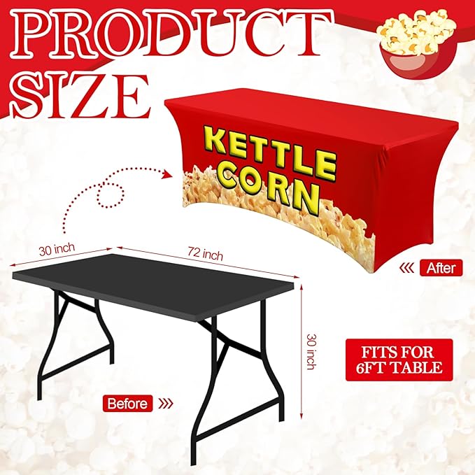 Oudain 6 ft Kettle Corn Stand Tablecloth Elastic Spandex Popcorn Rectangle Table Cover Kettle Corn Banner Sign Table Cloth for Business Advertising Carnivals Party Outdoor Concession Stand