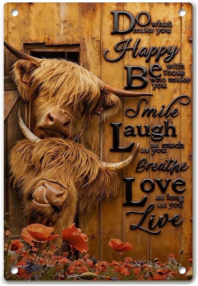 Highland Cow Wall Art Farmhouse Metal Signs Farmhouse Wall Decor Rustic Wall Art Country Wall Decor Inspirational Highland Cow Decor Tin Sign Rustic for Home Bedroom Living Room, 8x12 Inch