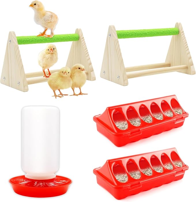 Chick Feeder and Waterer Kit with Chick Perch, 1l Chick Waterer, Flip Top Poultry Feeder, Chick Starter Kit for Chick Brooder, Baby Chicken Supplies for Baby Chick, Duck and Quail