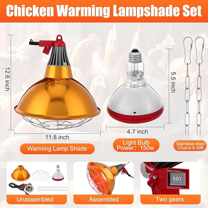 2 Set 400W Winter Chicken Coop Heater, Chicken Warming Lampshade with 150W Infrared Red Heat Bulb, Carbon Fiber Hanging Light Heated for Livestock, Chicks, Rabbit or Ducklings