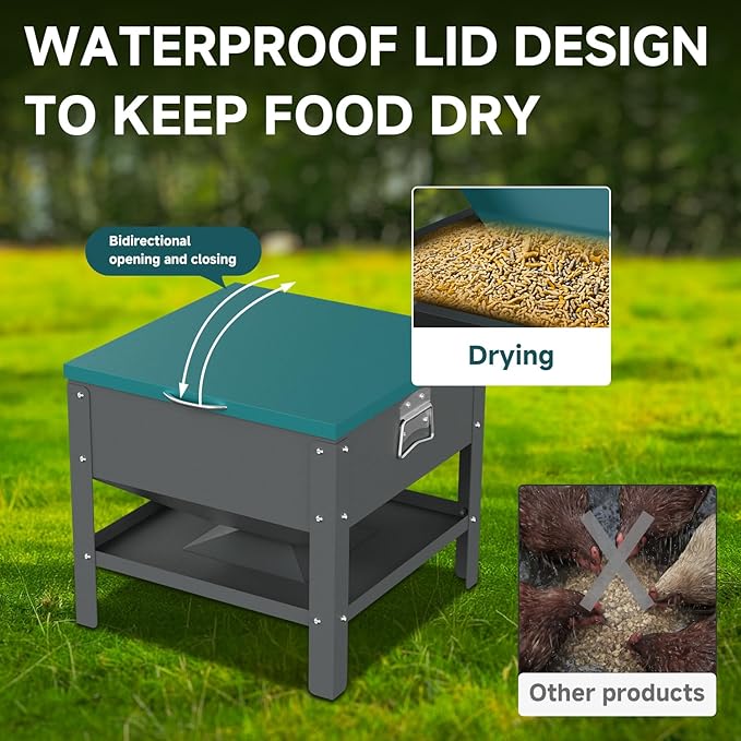 Automatic Chicken and Duck Feeder, 80 LBS Capacity Metal Chicken Feeder, Weatherproof Outdoor Gravity Feeding Barrel, No-Waste Feeder for Backyard Flock (Green)
