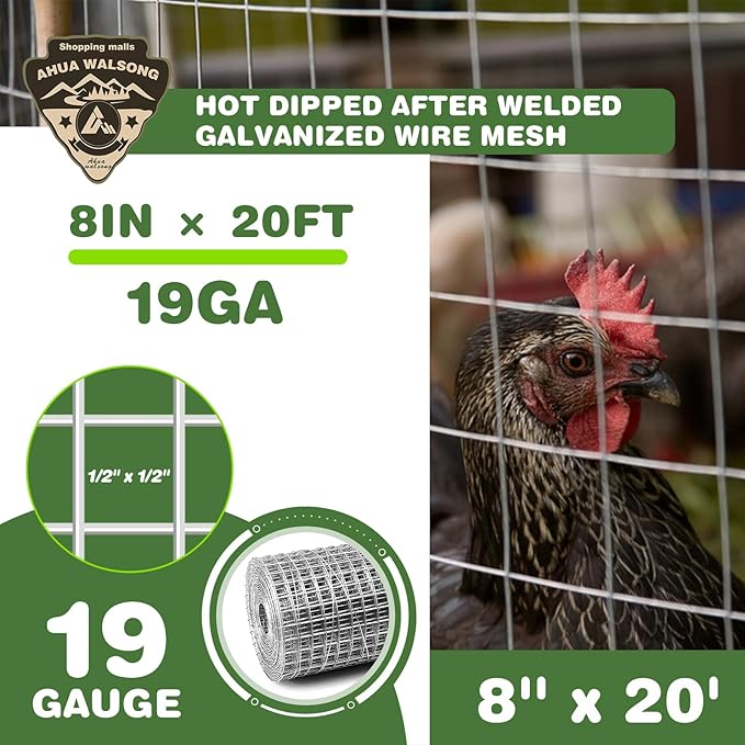 Hardware Cloth 1/2in 8'' x 20' 19GA ，Hot-dip Galvanized After Welding ，Chicken Wire Mesh,Chicken Coop Fence,Screen Mesh,Rabbit/Snake Fence,for Garden Poultry Animal Netting Cage
