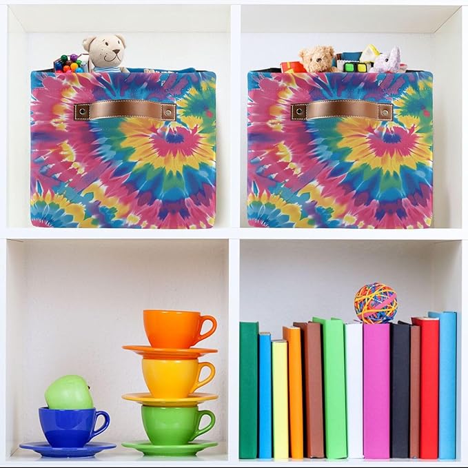JIPONI Tie Dye Heart Fabric Storage Bins for Shelves, Decorative Storage baskets for organizing, Closet Organizer with Handle for Cloth, Toys, Bedrooms, Farmhouse