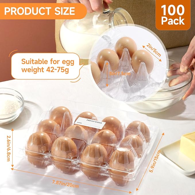 100 Pack 3x4 Plastic Egg Cartons Cheap Bulk 12 Count Clear, Reusable & Sturdy Design Eggs Carton Bulk Perfect for Family, Farm, Markets, Display (Egg Storage Containers)
