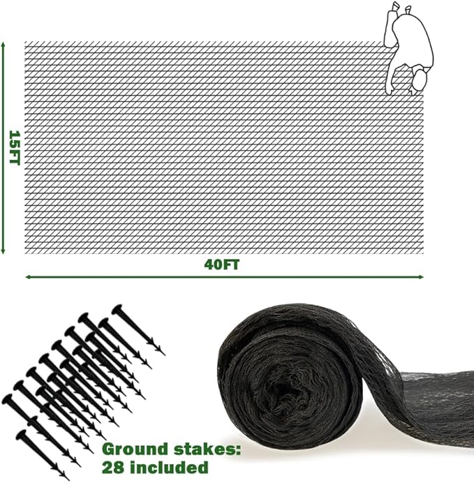 15x40ft Pond Netting for Leaves Leaf Net Cover Pond Net with Small Fine Mesh Protecting Koi Fish from Birds Cats Stakes Included