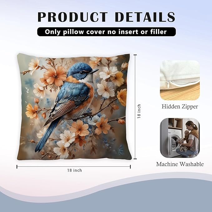 Vintage Floral Blue Bird Spring Pillow Covers 18x18, Bird Decor for Home, Cottagecore Floral Botanical Birds Nature Throw Pillow Covers for Home Living Room Bedroom