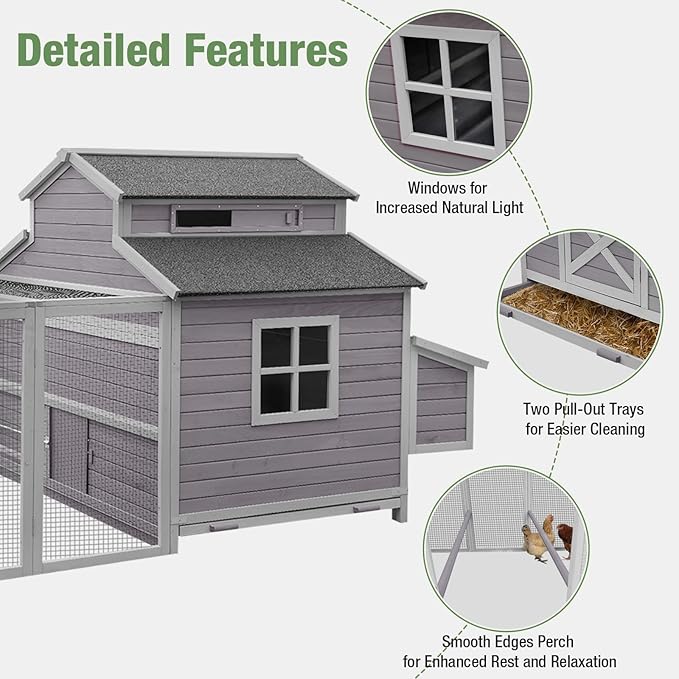 115’’ Large Chicken Coop with Run, Wooden Hen House with Nesting Boxes, Outdoor Poultry Cage with Waterproof Asphalt Roof for 8-10 Chickens, Chicken Tractor with Leakproof Pull-on Tray