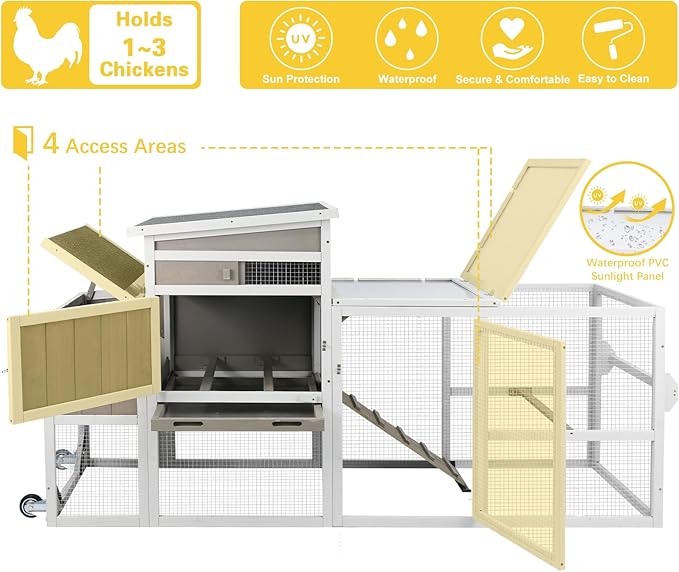 Portable Chicken Coop Wooden Hen House with Nesting Box,157.4" L Outdoor Chicken House with Wheels and Removable Tray,Fir Wood Chicken Tractor with 4 Ventilation Door and Ramp,Grey