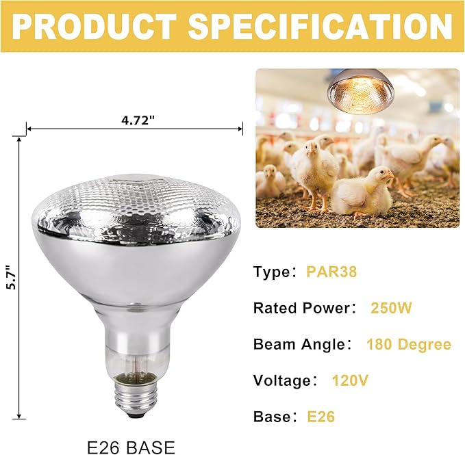 250 Watt Heat Lamp Bulbs for Chickens, PAR38 Clear Glass Brooder Heat Lamp, Infrared Reflector Heat Bulbs for Pets, Bathroom, Food, Light Therapy 2 Pack
