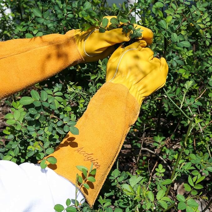 Acdyion Thorn Proof Gardening Gloves for Men & Women, Long Cowhide Leather Rose Pruning Gloves with Forearm Protection, Puncture Resistant Gauntlets for Cacti, Blackberries & Yard Work(yellow,Small)