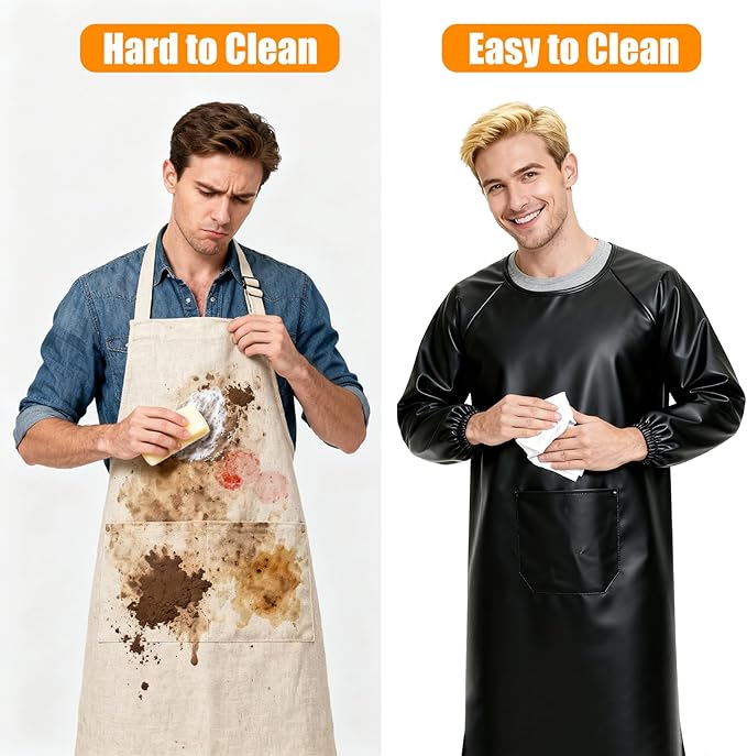 Waterproof Apron Sleeved Apron For Kitchen BBQ & Workshop - 2 Pack Heavy Duty Oil-Resistant With Large Pockets Adjustable Straps for Men & Women Waterproof Aprons for Dishwashing