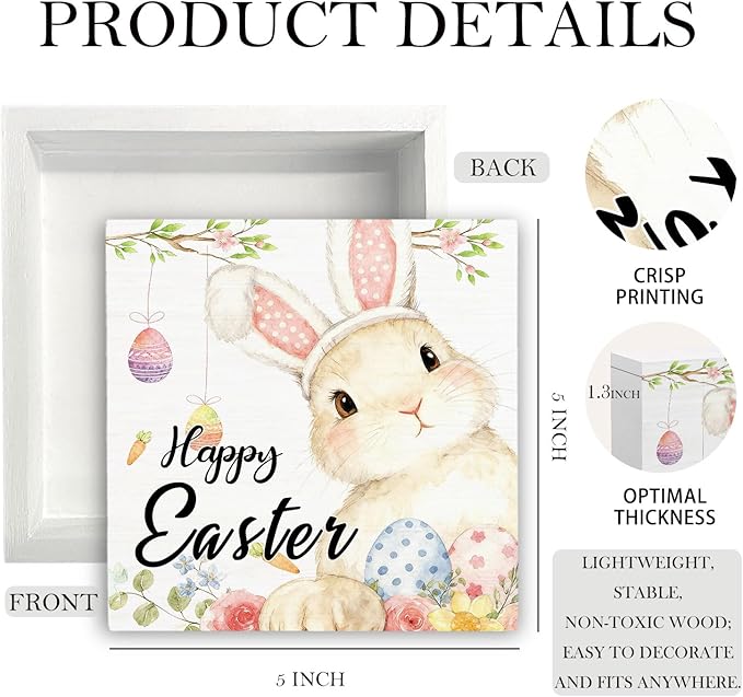 Happy Easter Bunny Wooden Box Sign Desk Decor, Easter Rabbit Decor, Spring Floral Egg Bunny Wood Signs for Bedroom Home Office Desk Table Shelf Decorations, 5x5 Inch