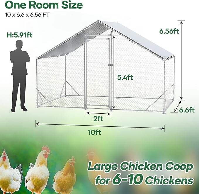 Large Chicken Coop Metal Chicken Runs for Yard 10X6.7X6.5 ft Chicken Coop with Cover Gallinero para Gallinas Heavy Duty Chicken Cage Rabbit Duck Quail Coop Lockable Door with Waterproof Anti-UV Cover