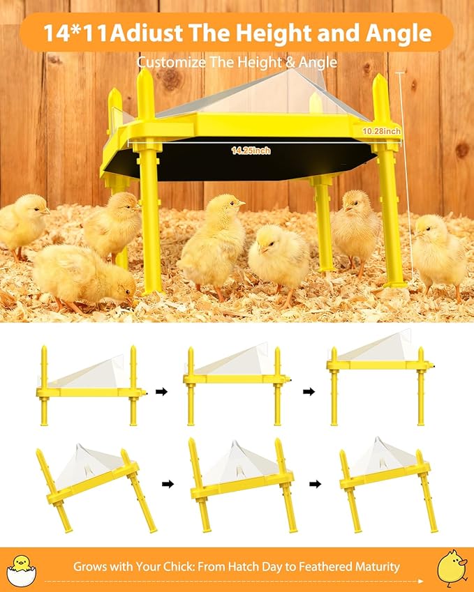 Chick Brooder Heating Plate, 14"x11"Adjustable Temperature & Height Heating Plate for Chicken with Anti-Roost Cone, Easy-Clean Poultry Coop Heater for Up to 18-22 Chicks (Yellow)