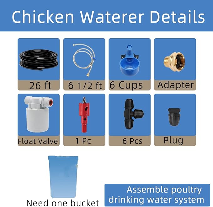 Automatic Chicken Waterer – Float Controlled 6 pcs Chicken Water Cups with Hose Fitting, No-Spill Chickens Watering System,Quick-Connect Poultry Water Dispenser.