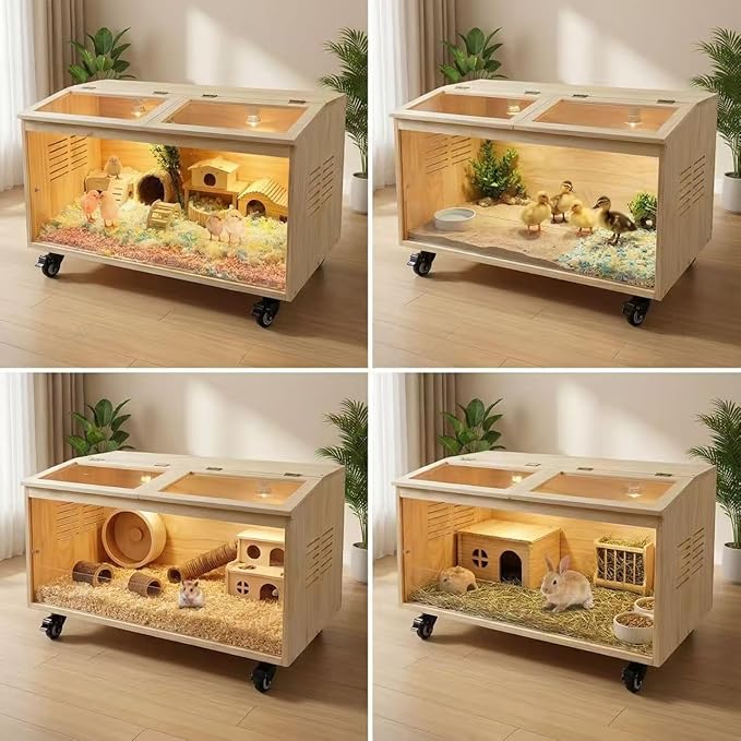 Brooder Box for Chicks Pine Wood Chicken brooder Box with Thermostat & Heating Lamp & Brake Casters， Solid Panels Chick brooder for Chicks, Ducklings, Hamsters, Guinea Pigs - Chew-Proof(32x16x16 in)