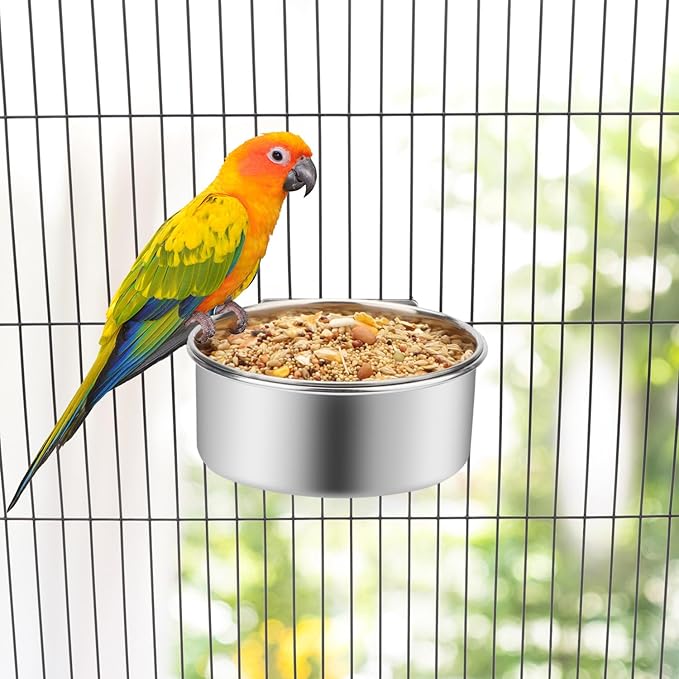 Pet Food Water Bowl with Clamp Holder Stainless Steel Coop Cup Hanging Feeder for Dog Bird Parrot Cat Rabbit (M)