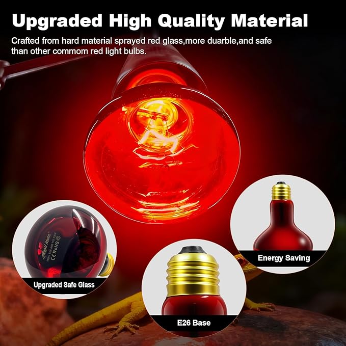 2Pack Infrared Heat Lamp Bulbs, 150W Reptile Heat Emitter Infrared Basking Spot Light, Red Heat Lamp for Chickens Coop Reptile Pets Brooder Use