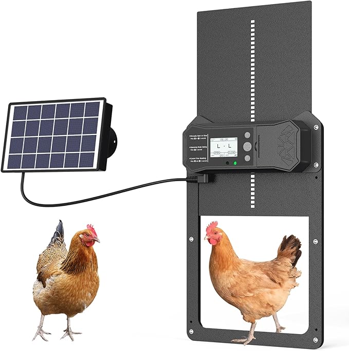Automatic Chicken Coop Door, LCD Display Aluminum Alloy Automatic Chicken Door with Timer & Light Sensor, Anti-Pinch & Weather Proof, Solar or Battery Powered