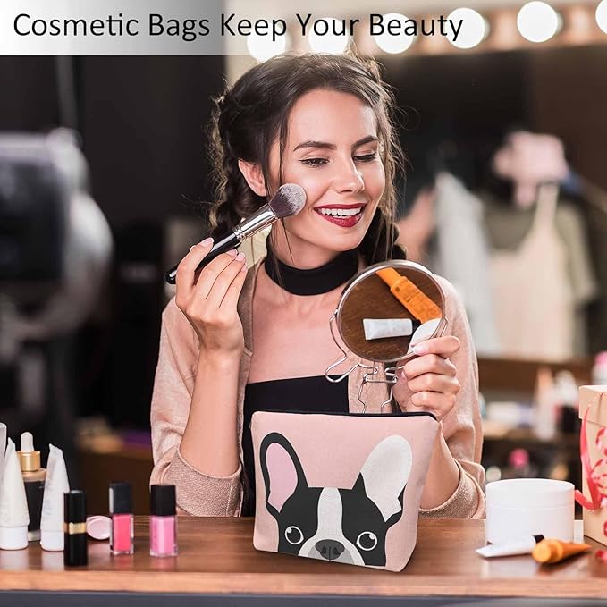 Bulldog Cosmetic Bags For Women, Lovely Puppy Bulldog Dogs Pink Roomy Makeup Bag Toiletry Bag Accessories Organizer Storage Bags Makeup Pouch For Travel Business Gym Camping Bathroom