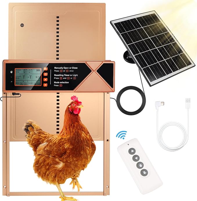 Automatic Chicken Coop Door Solar Powered, 4 Modes Automatic Chicken Door with Timer & Light Sensor, 7W Solar Charging Panel, Waterproof Aluminum Alloy Chicken Door with LED Screen (Gold)