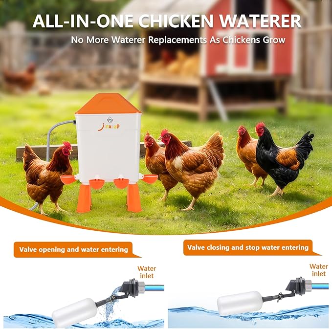 3 Gal Automatic Chicken Waterer with Float Valve, Automatic Chicken Watering System with 60-Inch Hose (One End 3/4''), Large Waterer for Chicken Duck Quail Turkey