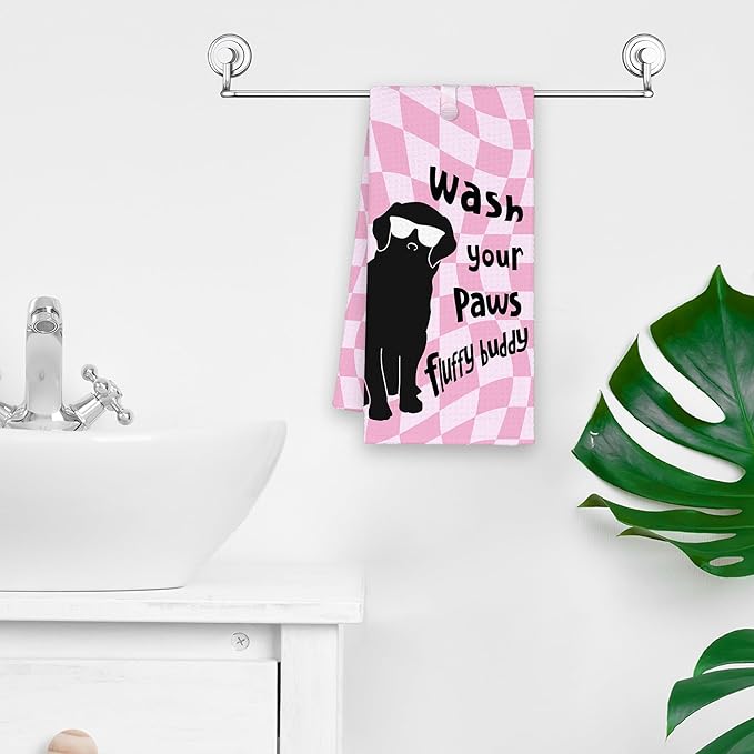 Pink Cute Dog Golden Retriever Bathroom Kitchen Towels, Wash Your Paws Hand Towel for Girly Room, Funny Gifts for Dog Lovers, Trendy Preppy Checkered Dish Towels Decor for Dorm 16x24in