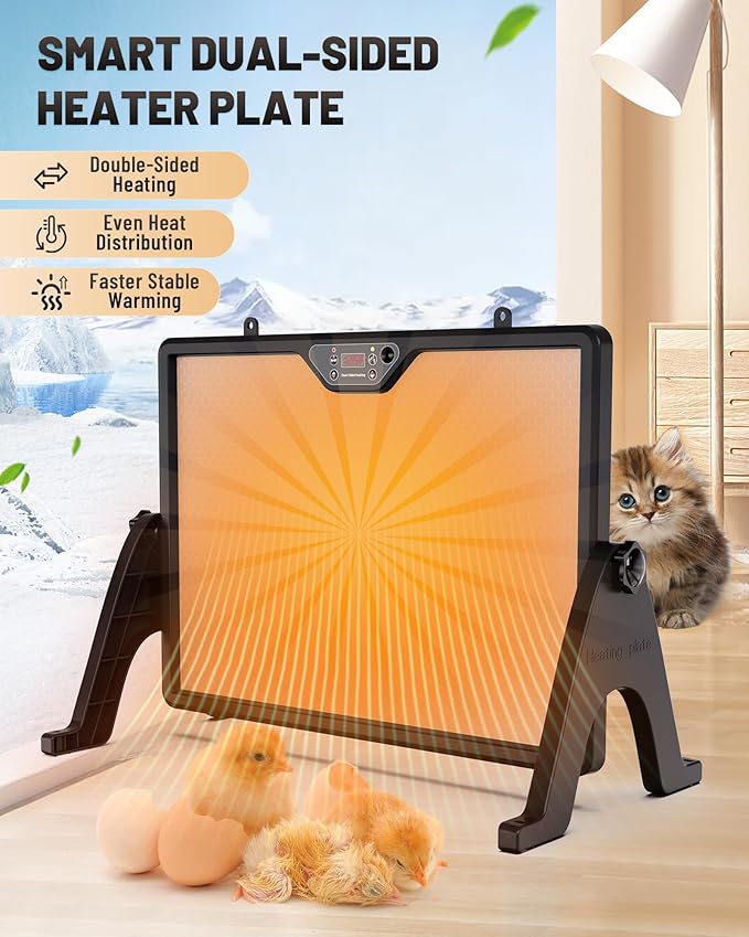 Dual-Sided Chicken Coop Heater for Winter, 180W Adjustable Temperature with Digital Display Panel, 360° Adjustable Angle, Timer & Cycle Mode, Built-in Light, 16 x 12 Inch Heat Plate for Chicken Coop