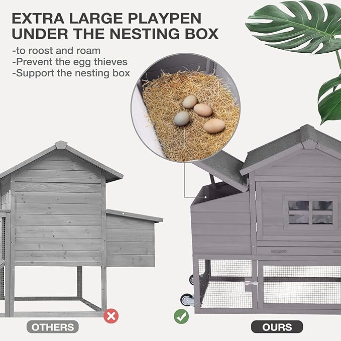 Chicken Coop Expandable Chicken House for Outdoor with Wheels, Leakproof Pull-on Tray, Nesting Box, and UV-Resistant Roof Panel - Grey