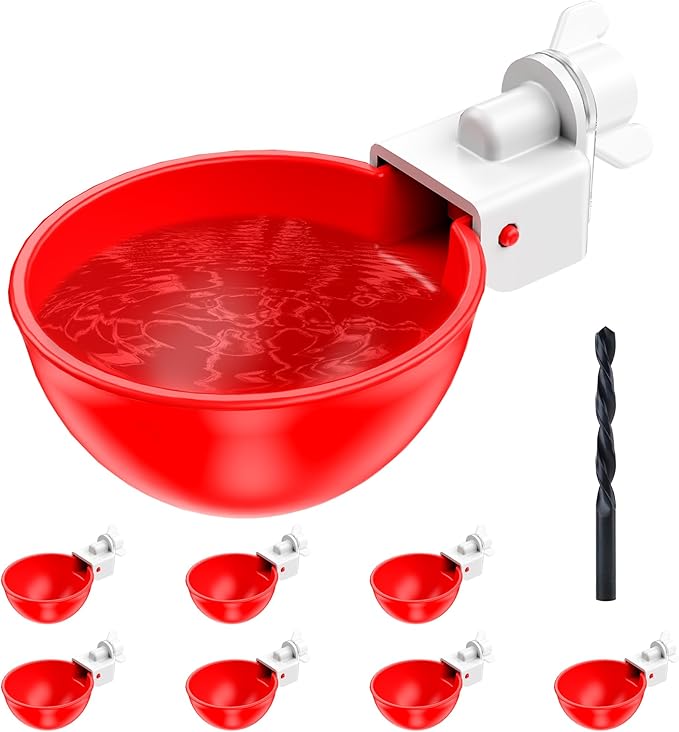 Chicken Waterer Cups, 8 Pack Automatic DIY Chicken Water Bowl with 3/8'' Hole Saw for Bucket, Trough - Poultry Drinking Valve, Easy Install